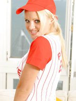 Sexy blonde Frankie the baseball player with knee socks