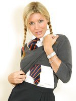 Sexy blonde Nicole in college uniform with opaque tights