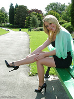 Cheeeky blonde Hannah is wearing her sexy high heels outdoors in the sunshine