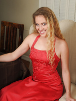 Elegant and blonde Daisy L in and out of a sexy red dress