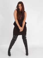 Busty brunette Leanne wearing see through top and shiny thigh high leather boots