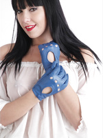 Gorgeous Sammi Jo teases her nice tits with these smooth blue leather gloves