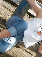 Outdoor with Angel in jeans and suntan pantyhose