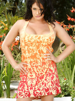 Sexy busty brunette, Tory Lane, poses outdoors in her hot little sundress.  She really heats things up when she starts showing off her big tits and smooth pussy!