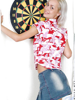 Anyone up for a game of darts with a cute blond teenie girl getting naked and throwing bullseyes