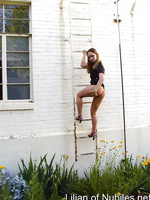 Upskirt shot of blonde teen climbing ladder