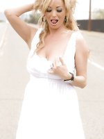 Busty blonde, Rachel Aziani, decides to get naughty in the middle of the street and stops to flash her awesome boobs and sweet shaved pussy for the camera!