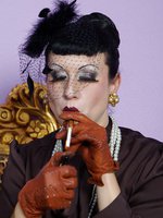 mature elegant stocking lady flashing her pussy while smoking